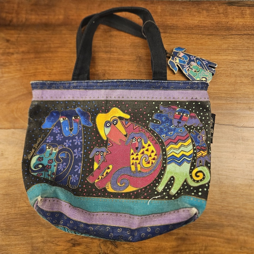 Laurel Burch‎ Dog Bag Small Tote Purse Zippered Colorful Wood Bag Charm Art